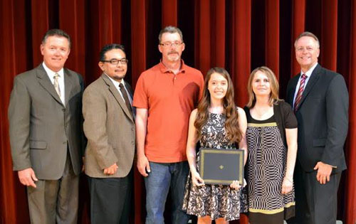 Pictured left to right: Mr. Garth E. Bowling, Jr., Principal of Chopticon High School, Jesus’ O. Godinez, Director of Scholarships for the NCMA Chesapeake Bay Chapter, Mr. Craig Spence, father, Megan Spence, Awardee, Mrs. Dorothy Spence, mother, and Dr. Michael J. Martirano, Superintendent of St. Mary's County Public Schools.